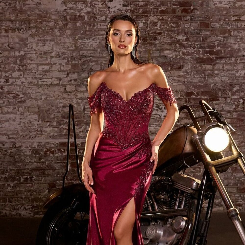 New Wine Off Shoulder Prom Sheath Satin Dress w/ Floral Embroidery CD CC456
